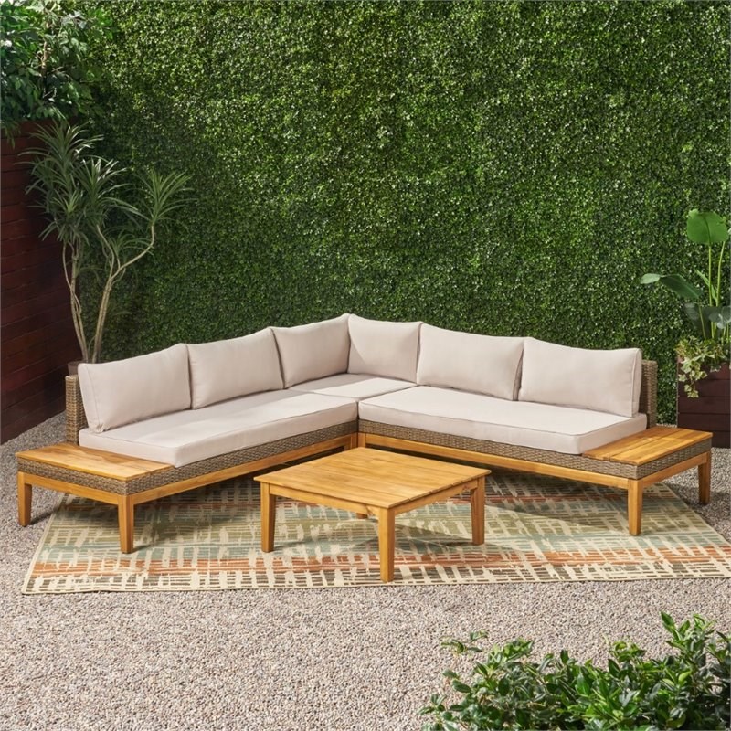Noble House Loft 4 Piece Outdoor Acacia Wood Sectional Sofa Set in Light Khaki