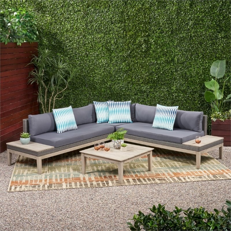 Noble House Loft 4 Piece Outdoor Acacia Wood Sectional Sofa Set in Gray