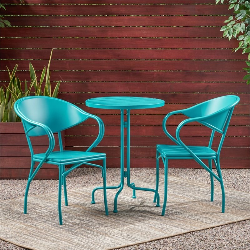 Noble House Palm Desert 3 Piece Outdoor Modern Bistro Set in Matte Teal ...