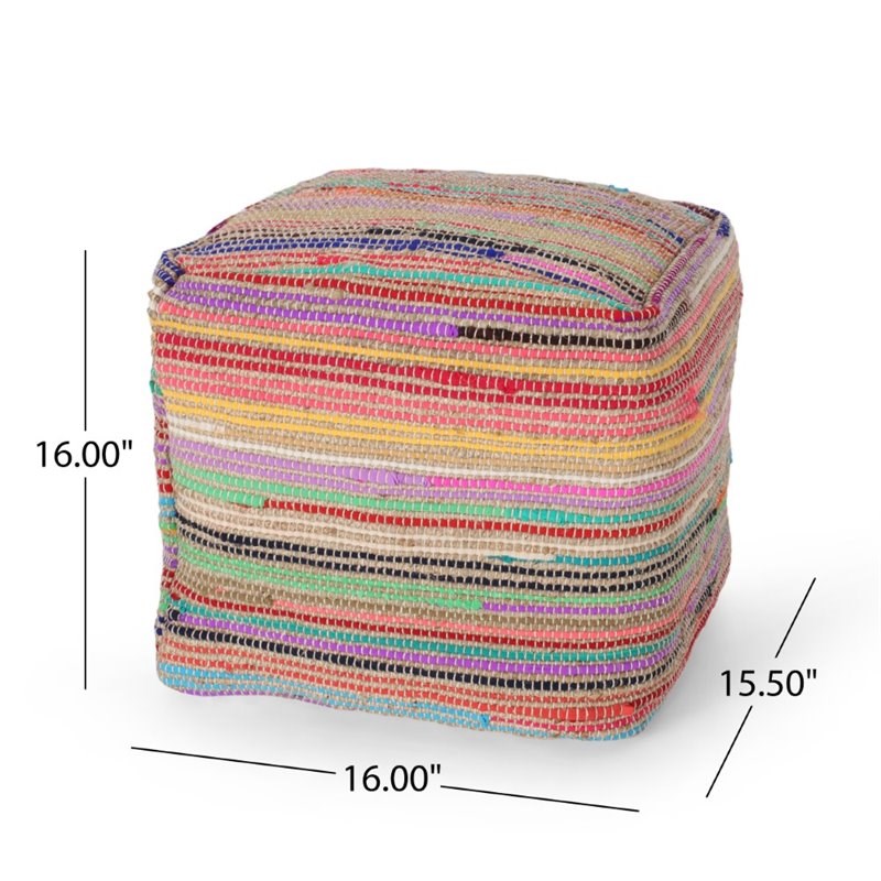 Noble House Paisley Boho Jute and Chindi Pouf in Multicolor