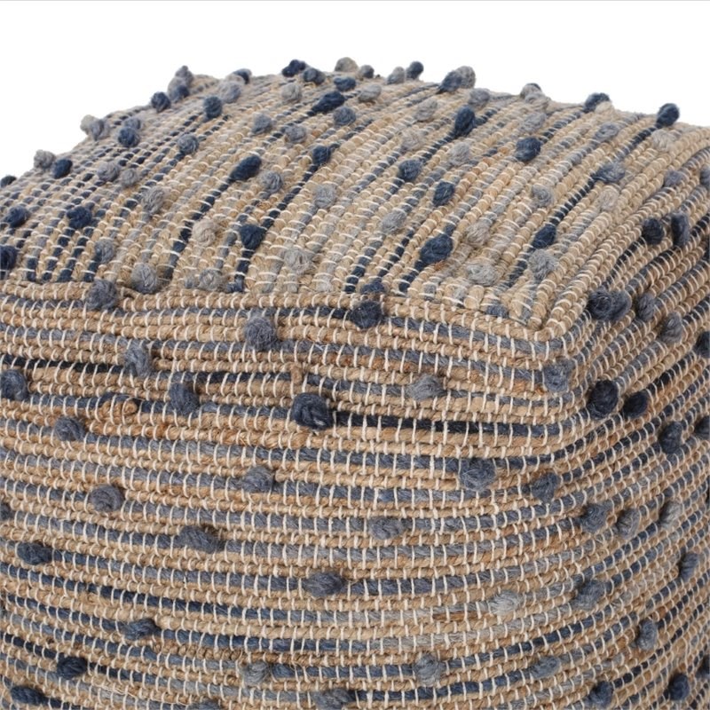 Noble House Coriander Boho Jute and Cotton Pouf in Blue and Natural
