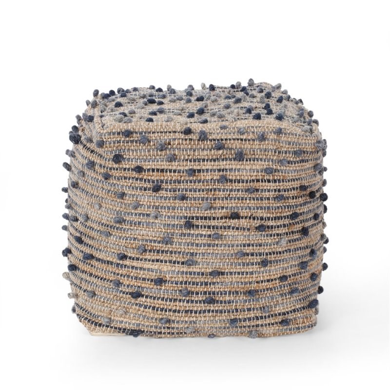 Noble House Coriander Boho Jute and Cotton Pouf in Blue and Natural