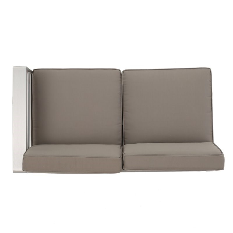 Noble House Cape Coral 7 Seater Aluminum Chat Set with Ottomans Silver and Khaki