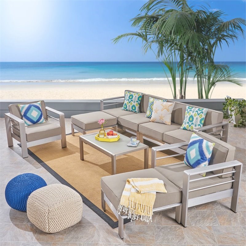 Noble House Cape Coral Outdoor Aluminum 6-Seater Sectional Sofa Set Silver/Khaki