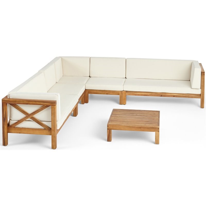 Noble House Brava Outdoor 7 Seater Acacia Wood Sectional Sofa Set Teak and Beige