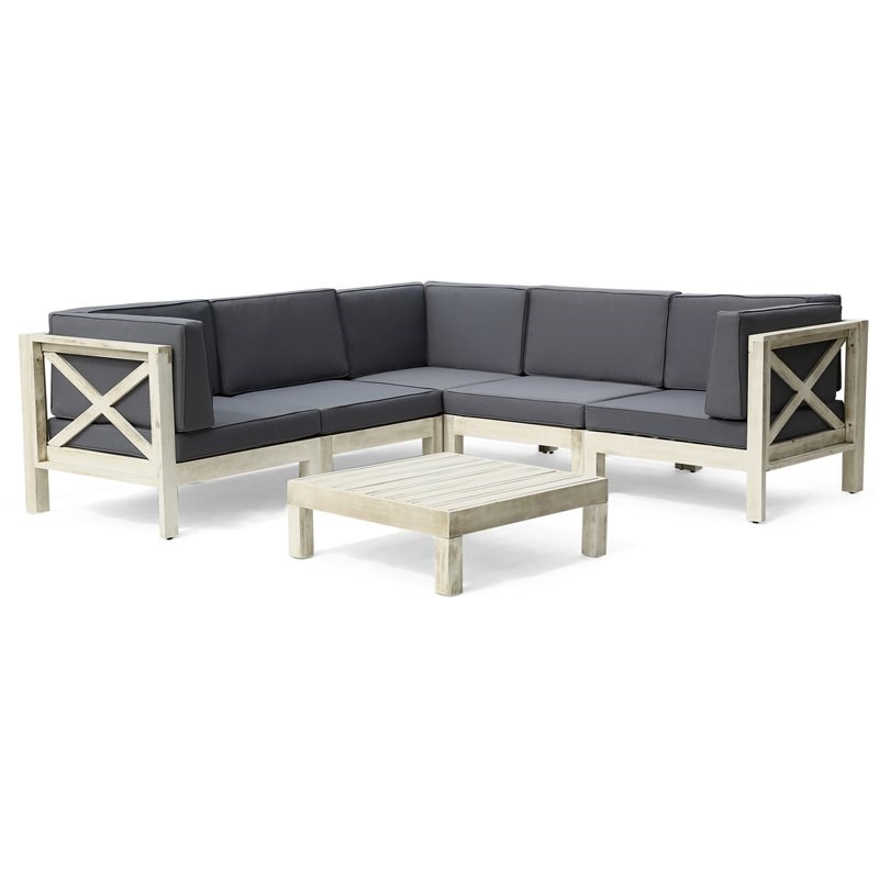 Noble House Brava 5 Seater Sectional Sofa Coffee Table Weathered Gray/Dark Gray
