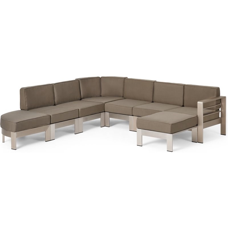 Noble House Cape Coral Half Round 5 Seater Sectional Set & Ottoman Khaki/Silver
