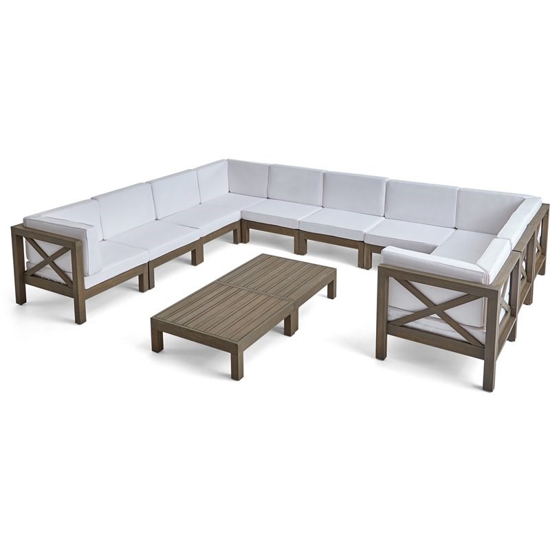 Noble House Brava Outdoor Wood 10 Seater U-Shaped Sectional Sofa Set Gray/White
