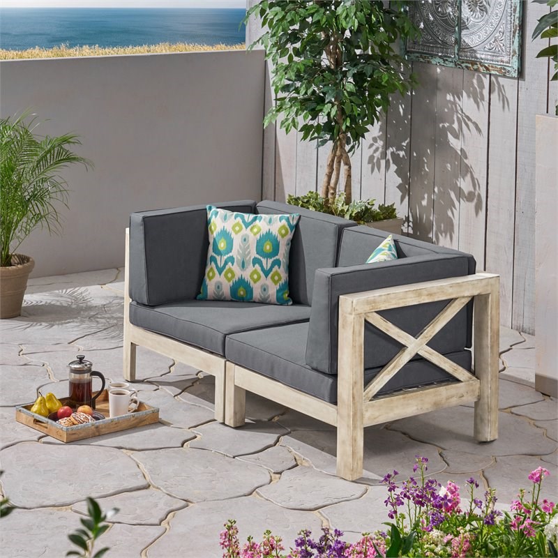Noble House Brava Outdoor Modular Loveseat with Cushions Weathered/Dark Gray