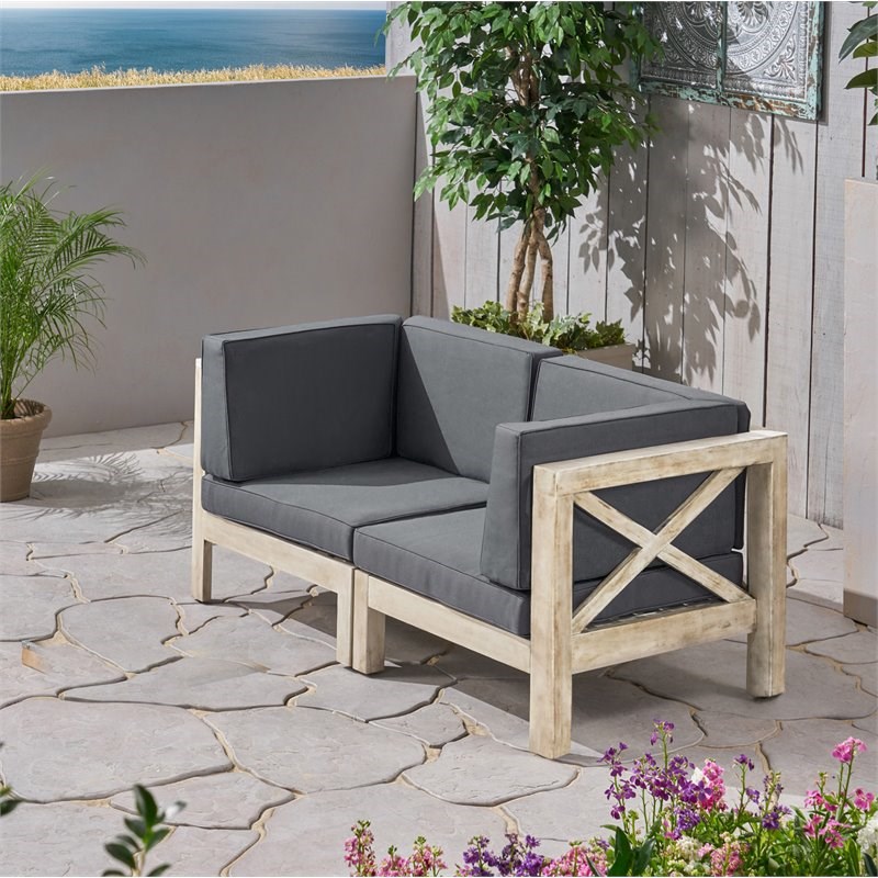 Noble House Brava Outdoor Modular Loveseat with Cushions Weathered/Dark Gray