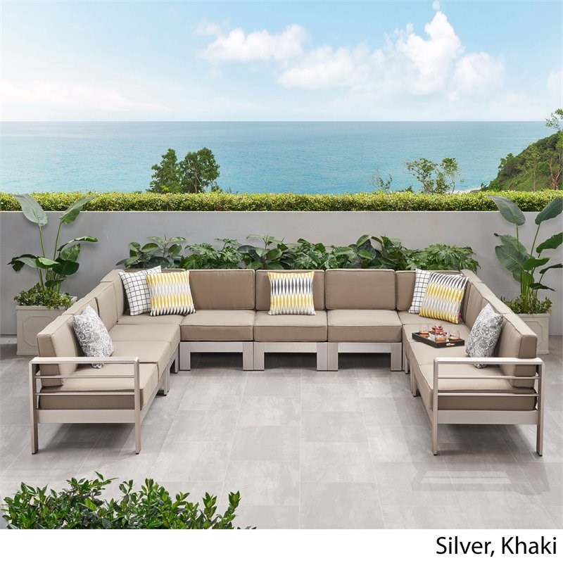 Noble House Cape Coral 11 Seater Aluminum U-Shaped Sofa Sectional Silver/Khaki