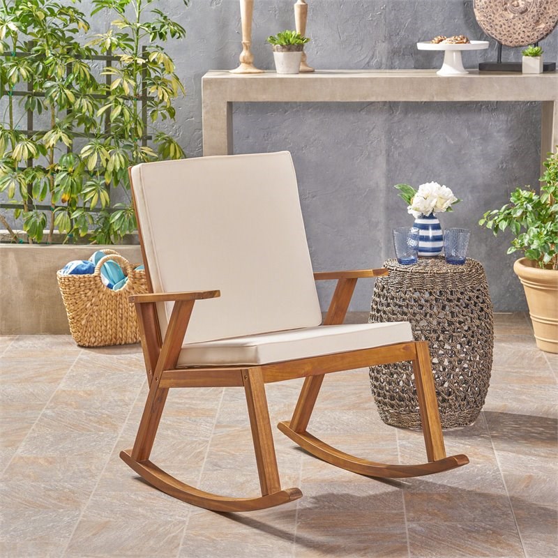 Noble House Champlain Outdoor Acacia Wood Rocking Chair Cushions Teak Cream Homesquare Noble House Champlain Outdoor Acacia, Cushions For Outdoor Wooden Rocking Chairs
