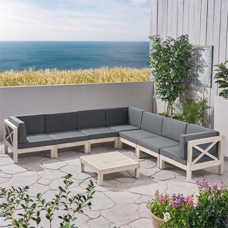 Noble House Brava 7-Seater Acacia Wood Sectional Sofa Set Weathered/Dark Gray