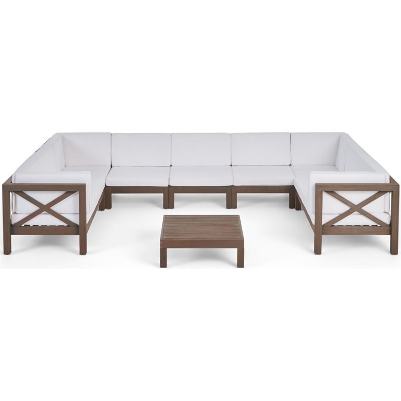 Noble House Brava Outdoor 9 Seater Acacia Wood Sectional Sofa Set Gray and White