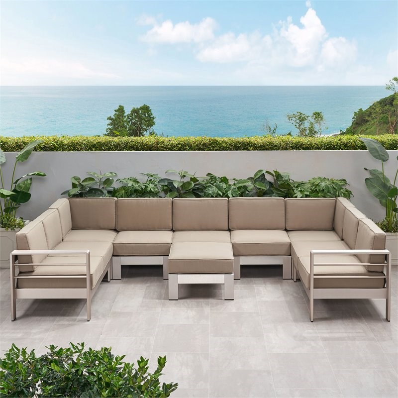 Noble House Cape Coral 9 Seater Aluminum U-Shape Sofa Sectional Set Silver/Khaki
