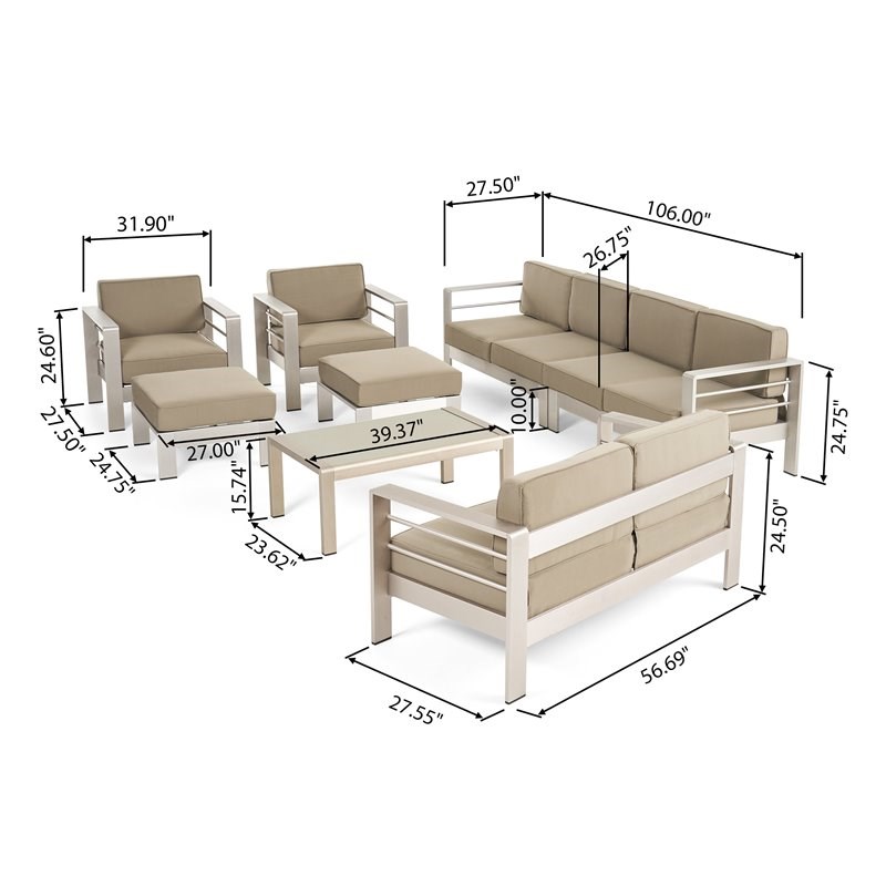 Noble House Cape Coral Outdoor Aluminum 8-Seater Sectional Sofa Set Silver/Khaki