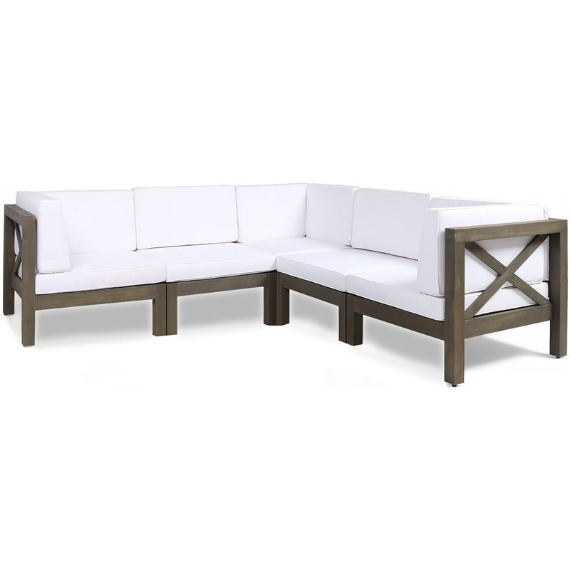 Noble House Brava Outdoor 5 Seater Sectional Sofa Set with Cushions Gray/White