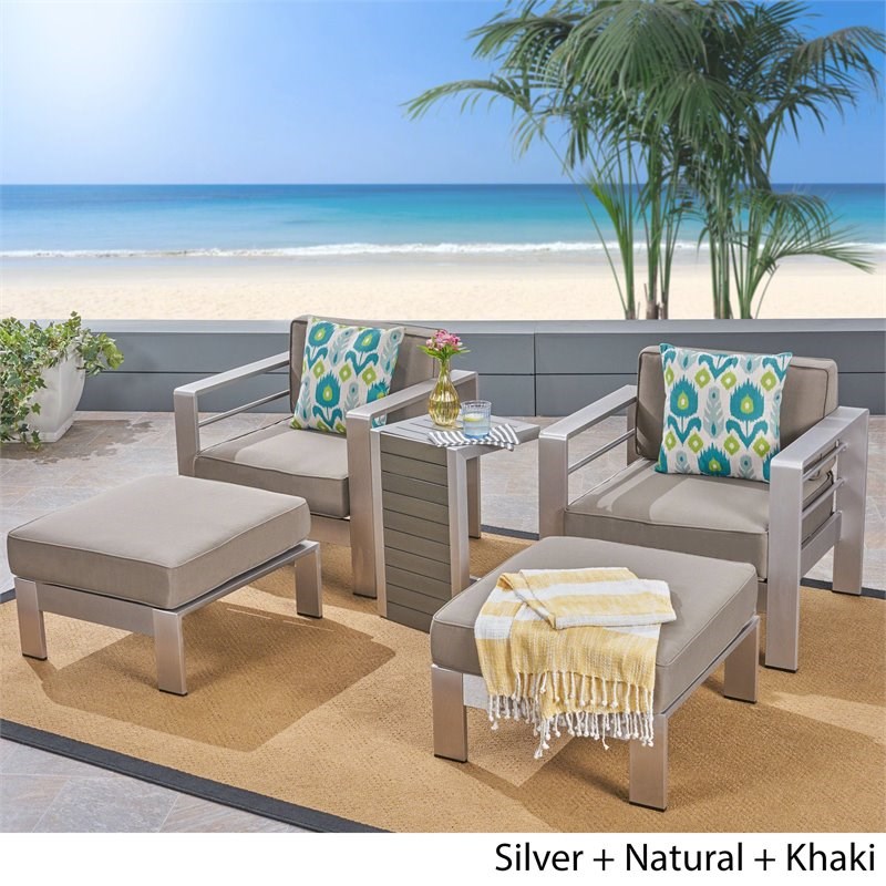 Noble House Cape Coral Outdoor Aluminum 2-Seater Chair Chat Set Silver w/Khaki
