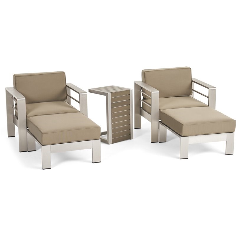 Noble House Cape Coral Outdoor Aluminum 2-Seater Chair Chat Set Silver w/Khaki