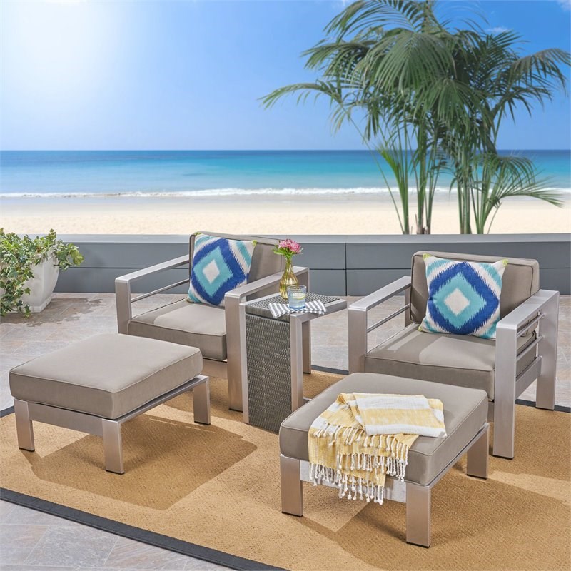 Noble House Cape Coral Outdoor Aluminum 2-Seater Club Chair Chat Set Khaki/Gray