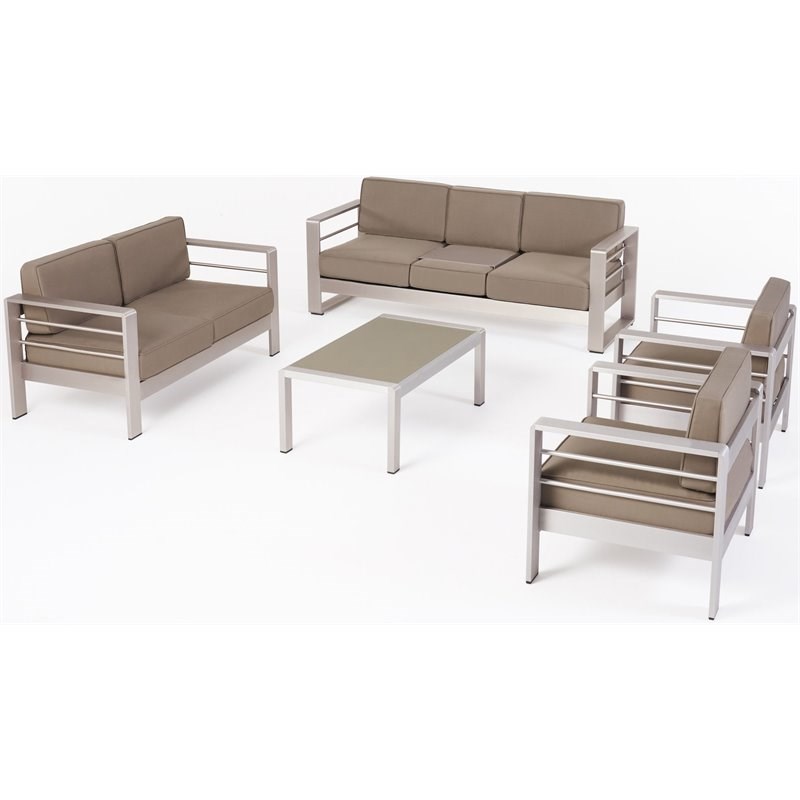 Noble House Cape Coral 7-Seater Aluminum Sofa Set with Coffee Table Silver/Khaki