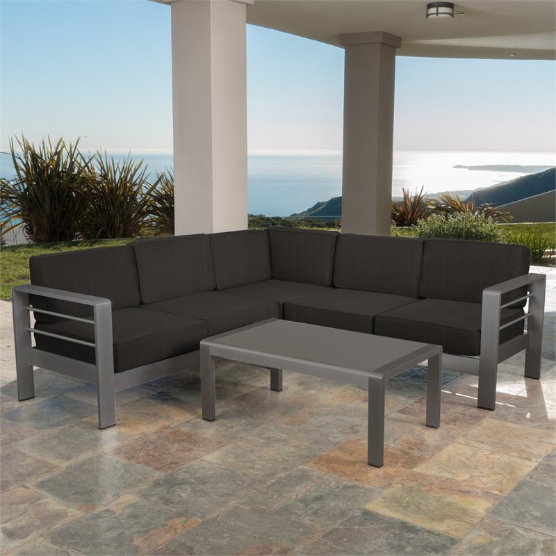 Noble House Cape Coral Grey Aluminum 4Pc V-Shape Sectional Sofa Set in Dark Grey