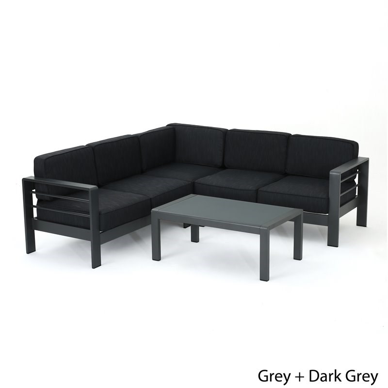 Noble House Cape Coral Grey Aluminum 4Pc V-Shape Sectional Sofa Set in Dark Grey