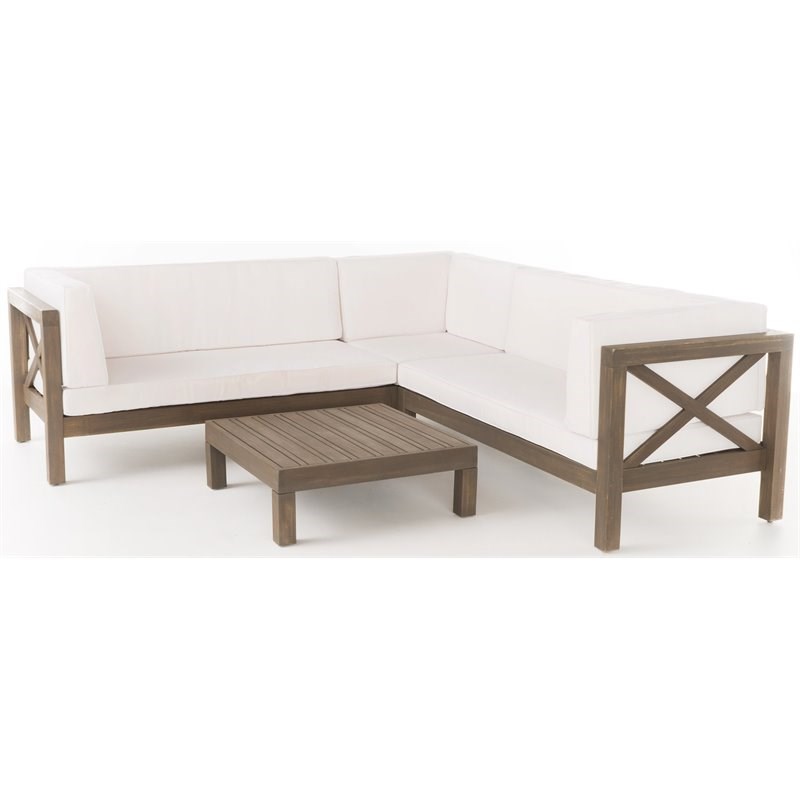 Noble House Brava 4Pc Acacia Wood Sectional Sofa/Coffee Table Set Gray and White