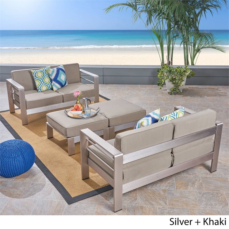 Noble House Cape Coral 4-Seater Aluminum Loveseat and Ottoman Set Silver/Khaki