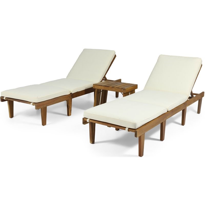 Noble House Ariana Outdoor Acacia Wood 3pc Chaise Lounge Teak Cream Cushions 312742