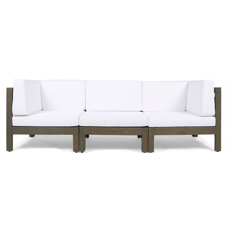 Noble House Brava Outdoor Modular Acacia Wood Sofa with Cushions Gray and White