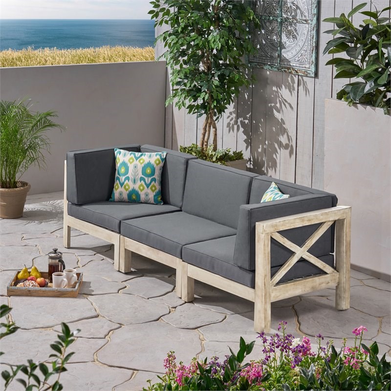 Noble House Brava Outdoor Modular Wood Sofa with Cushions Weathered/Dark Gray