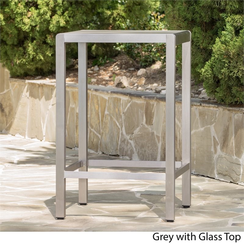 Noble House Cape Coral Outdoor Grey Alumnimum Bar Table with Glass Top