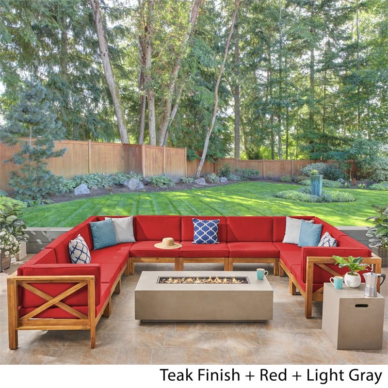 Noble House Brava 10 Seater U-Shaped Sectional Sofa Set Teak Red/Light Gray