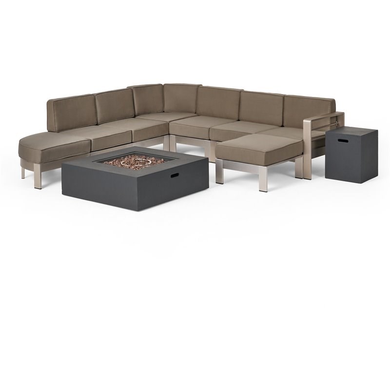 Noble House Cape Coral Half Round 5 Seater Sectional Set Khaki Silver/Dark Gray