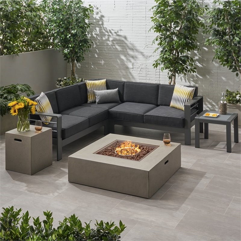 Noble House Cape Coral 5 Seater Aluminum Chat Set with Fire Pit Gray/Light Gray