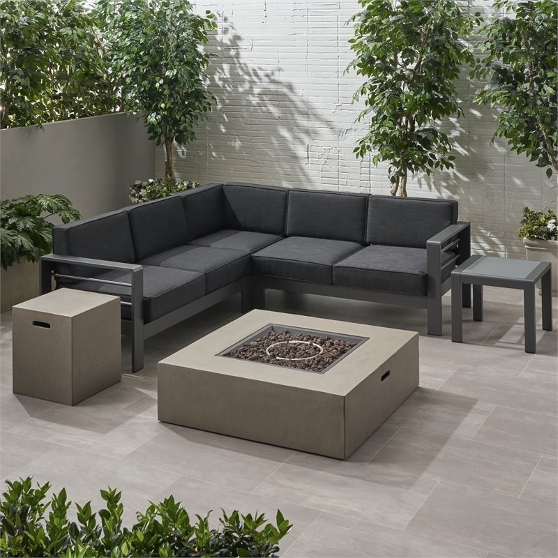 Noble House Cape Coral 5 Seater Aluminum Chat Set with Fire Pit Gray/Light Gray