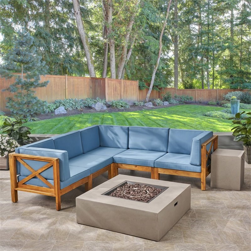 Noble House Brava 5 Seater Sectional Sofa Set with Fire Pit Teak Blue/Light Gray