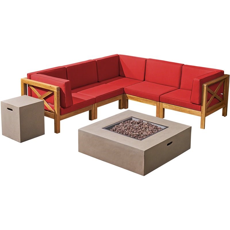 Noble House Brava 5 Seater Sectional Sofa Set with Fire Pit Teak Red/Light Gray