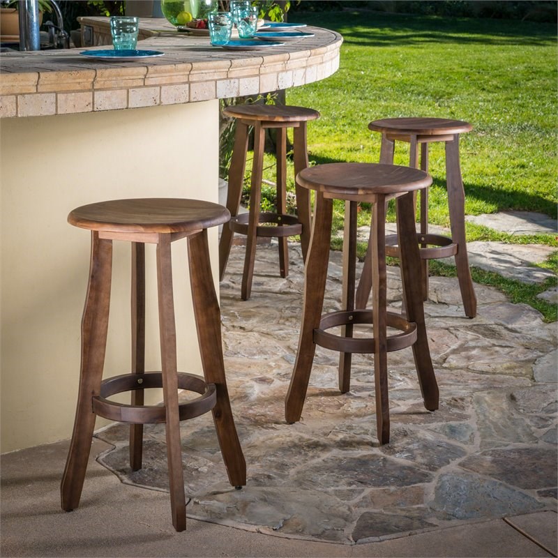 Noble House Pike Outdoor Dark Browned Acacia Wood Barstools (Set of 4)