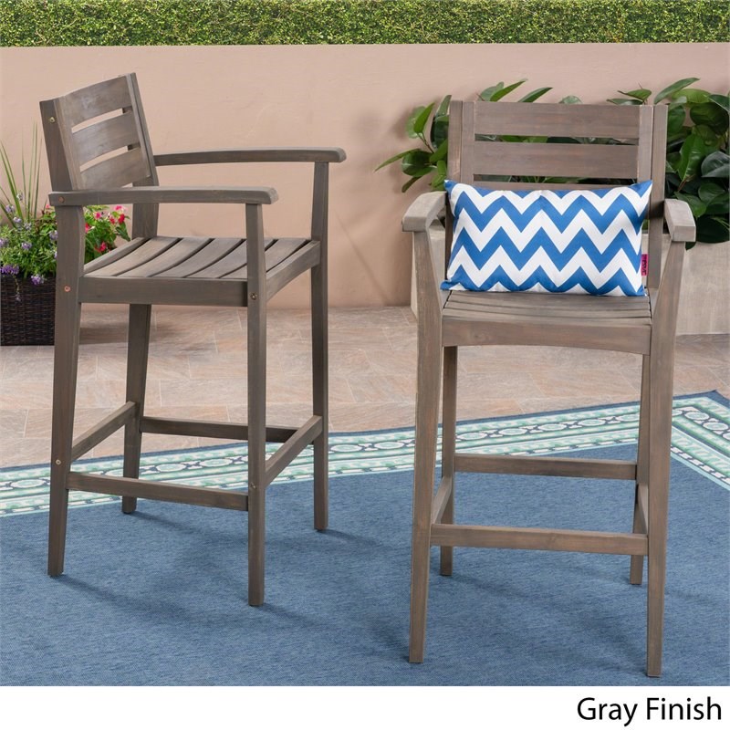 Noble House Stamford Outdoor Rustic Acacia Wood Barstool (Set of 2) Gray
