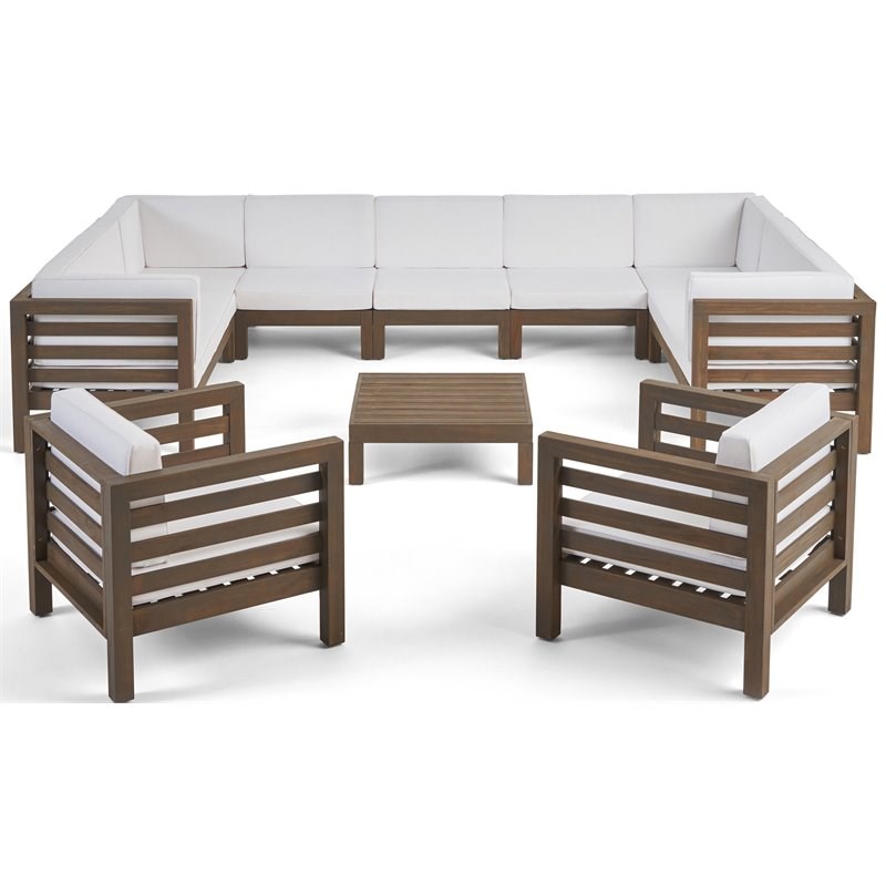 Noble House Oana Outdoor 11 Seater Acacia Wood Sectional Sofa Set Gray/White
