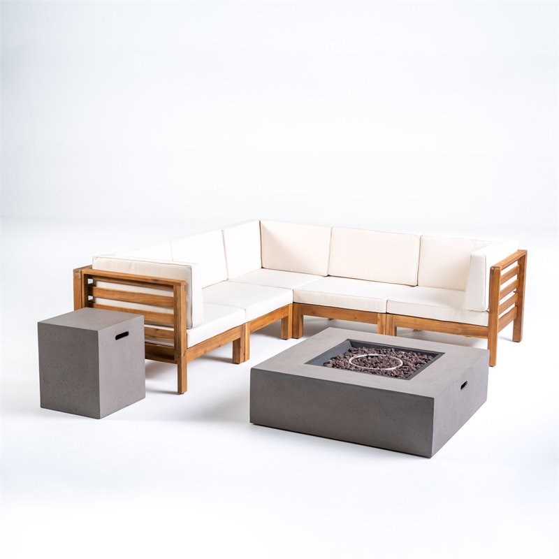 Oana 7pc V-Shaped Sectional Sofa Set with Cushion Teak with Beige/Light Gray