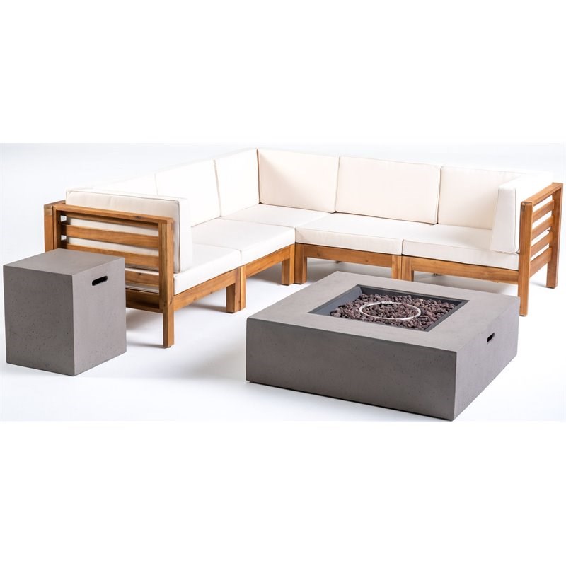 Oana 7pc V-Shaped Sectional Sofa Set with Cushion Teak with Beige/Light Gray