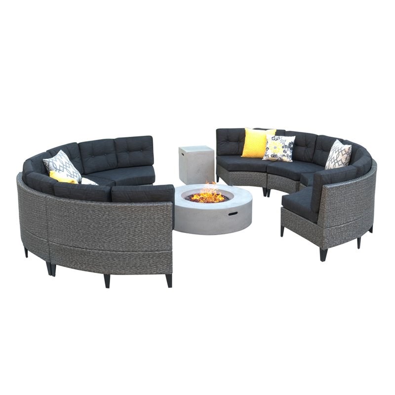 Navagio 10-Pc Mixed Black Wicker Full Round Sofa Set with Dark Grey Fire Table