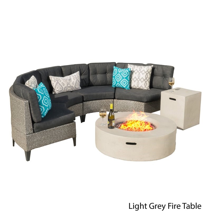 Navagio 6-Pc Mixed Black Wicker Half Round Sofa Set with Light Grey Fire Table