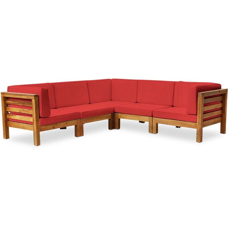 Oana 5-Seater V-Shaped Sectional Sofa Set with Cushion Teak/Red
