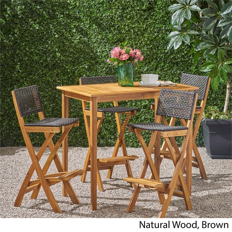Polaris Outdoor Rectangular 5-Pc Wood and Wicker Bar Height Set Natural/Brown