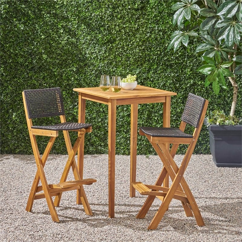 Polaris Outdoor 26" Square 3-Pc Wood and Wicker Bar Height Set Natural