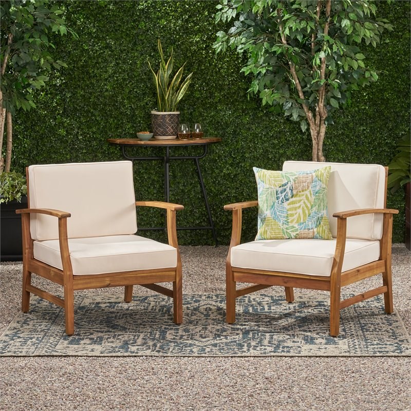 Noble House Perla Outdoor Teaked Acacia Wood Chair with Cream Cushion (Set of 2)